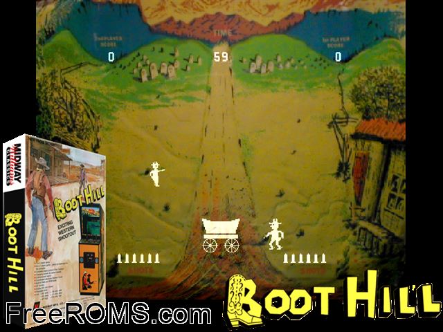 Boot Hill MAME game showing 3D box cover and gameplay screenshot