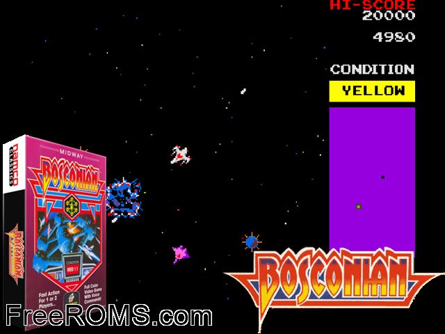 Bosconian (Midway, new version) MAME game showing 3D box cover and gameplay screenshot