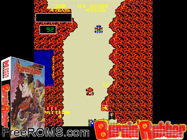 Burnin' Rubber MAME game showing 3D box cover and gameplay screenshot