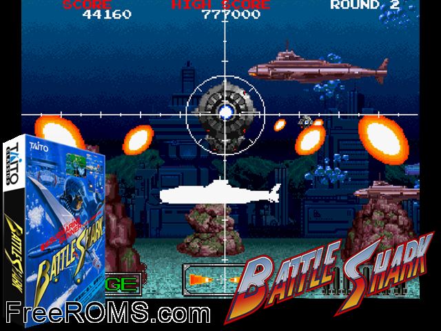 Battle Shark (US) MAME game showing 3D box cover and gameplay screenshot