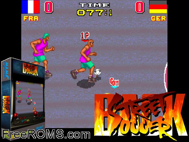 Back Street Soccer MAME game showing 3D box cover and gameplay screenshot
