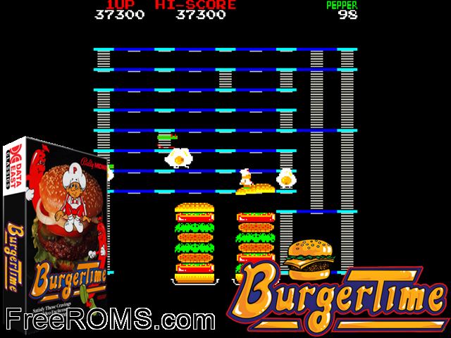 Burger Time (Data East set 1) MAME game showing 3D box cover and gameplay screenshot
