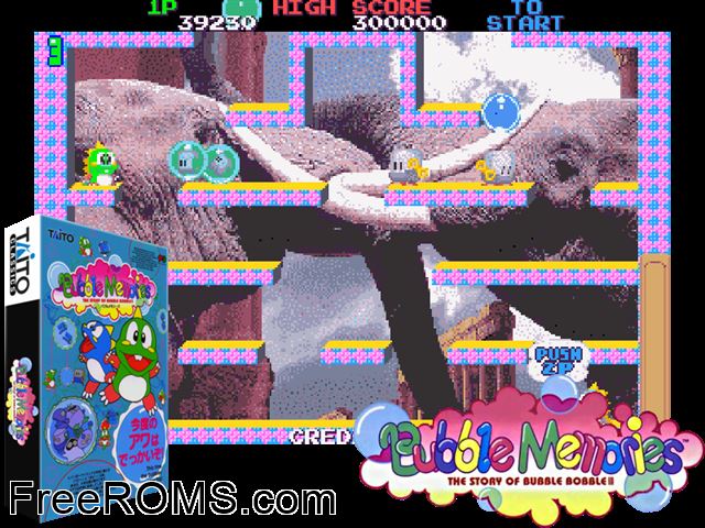 Bubble Memories: The Story Of Bubble Bobble III (Ver 2.4O 1996/02/15) MAME game showing 3D box cover and gameplay screenshot