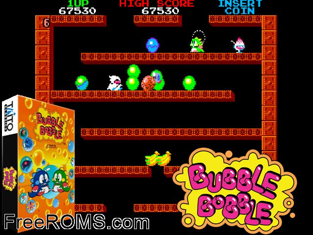 Bubble Bobble (US with mode select) MAME game showing 3D box cover and gameplay screenshot