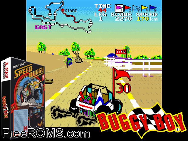 Buggy Boy MAME game showing 3D box cover and gameplay screenshot