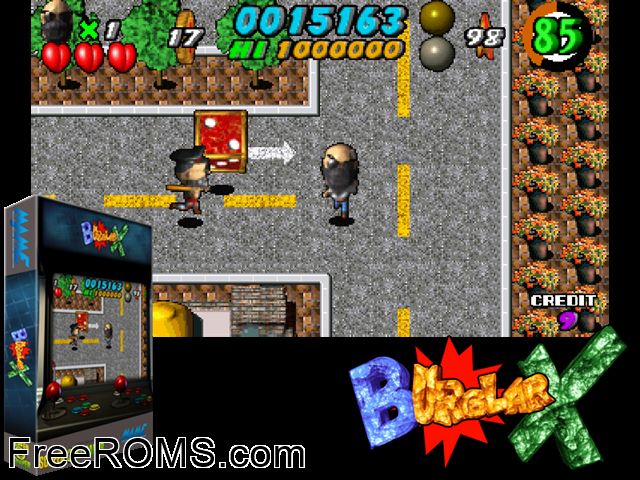 Burglar X MAME game showing 3D box cover and gameplay screenshot