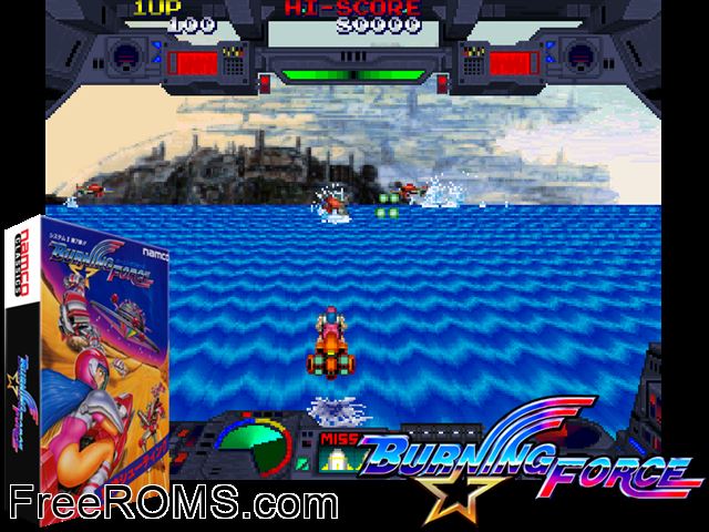 Burning Force (Japan new version) MAME game showing 3D box cover and gameplay screenshot