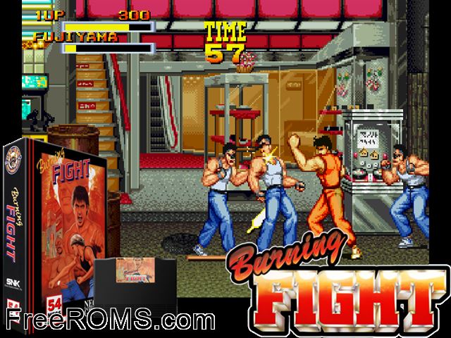 Burning Fight (set 2) MAME game showing 3D box cover and gameplay screenshot