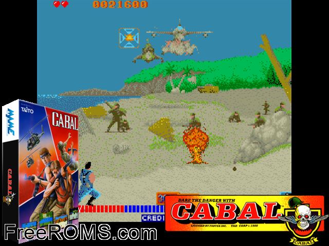 Cabal (US set 2) MAME game showing 3D box cover and gameplay screenshot