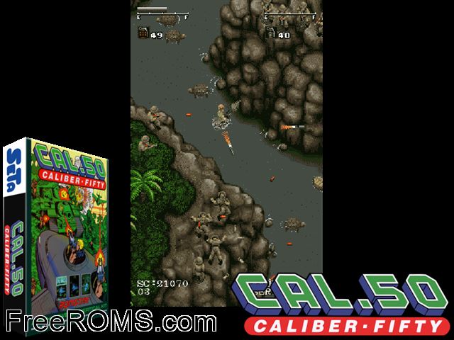 Caliber 50 MAME game showing 3D box cover and gameplay screenshot