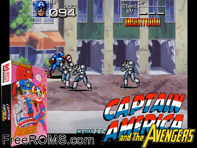 Captain America and The Avengers (Asia Rev 1.9) MAME game showing 3D box cover and gameplay screenshot