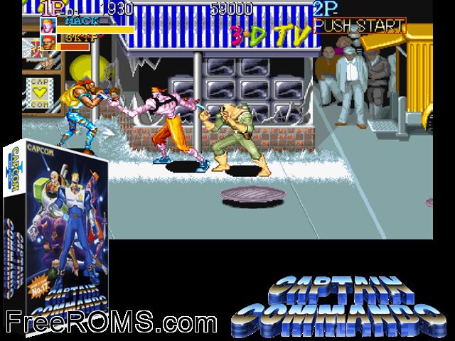 Captain Commando (World 911014) MAME game showing 3D box cover and gameplay screenshot