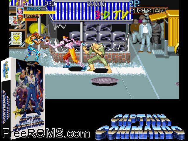 Captain Commando (US 910928) MAME game showing 3D box cover and gameplay screenshot