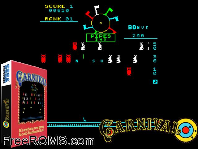 Carnival (cocktail) MAME game showing 3D box cover and gameplay screenshot