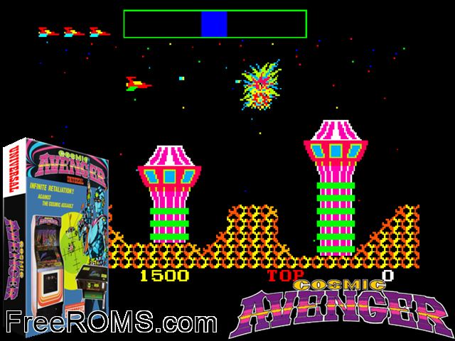 Cosmic Avenger MAME game showing 3D box cover and gameplay screenshot