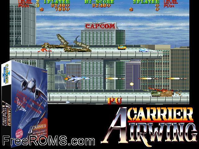Carrier Air Wing (World 901012) MAME game showing 3D box cover and gameplay screenshot