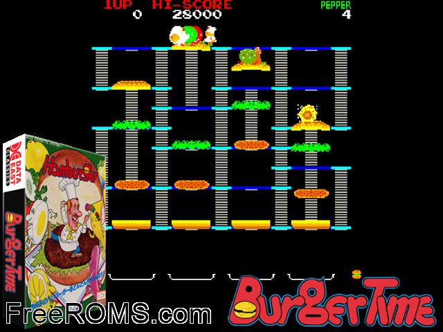 Burger Time (Cassette) MAME game showing 3D box cover and gameplay screenshot