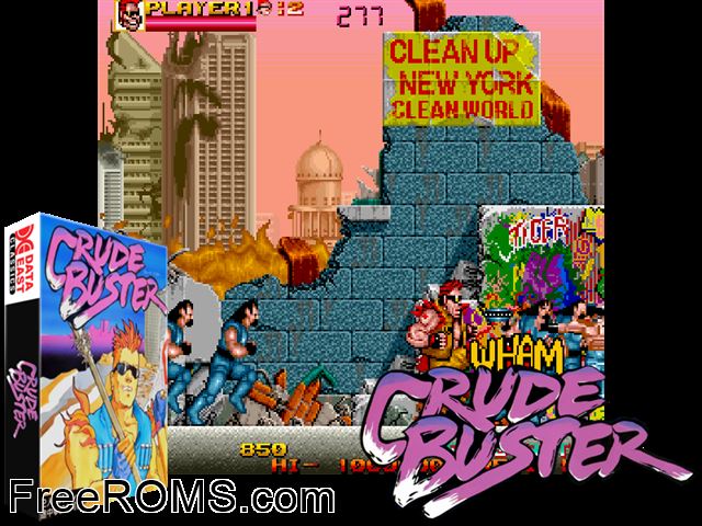 Crude Buster (World FU version) MAME game showing 3D box cover and gameplay screenshot