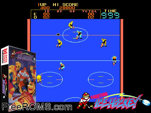 Fighting Ice Hockey (Cassette) MAME game showing 3D box cover and gameplay screenshot