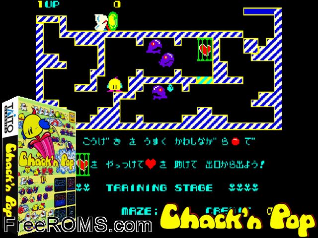 Chack'n Pop MAME game showing 3D box cover and gameplay screenshot