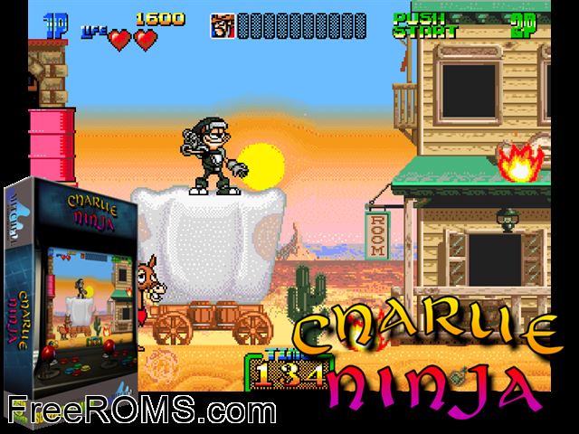 Charlie Ninja MAME game showing 3D box cover and gameplay screenshot