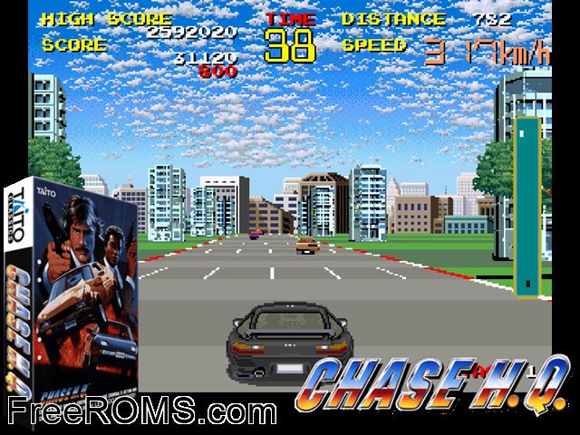 Chase H.Q. (World) MAME game showing 3D box cover and gameplay screenshot