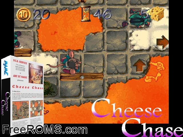 Cheese Chase MAME game showing 3D box cover and gameplay screenshot