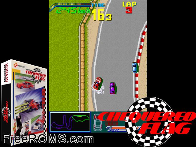 Chequered Flag (Japan) MAME game showing 3D box cover and gameplay screenshot