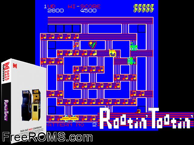 Rootin' Tootin' (Cassette) MAME game showing 3D box cover and gameplay screenshot