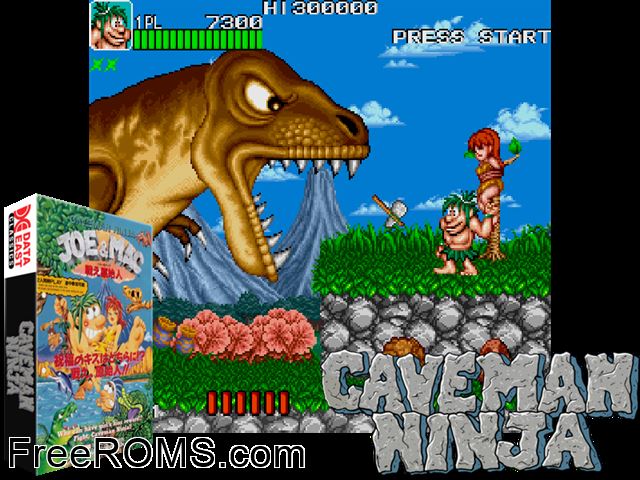Caveman Ninja (World revision 0) MAME game showing 3D box cover and gameplay screenshot