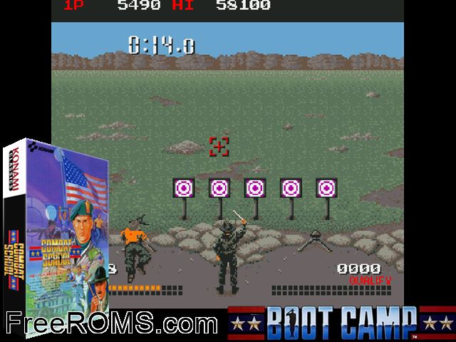 Combat School (Japan trackball) MAME game showing 3D box cover and gameplay screenshot