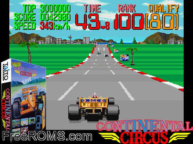 Continental Circus (US set 1) MAME game showing 3D box cover and gameplay screenshot