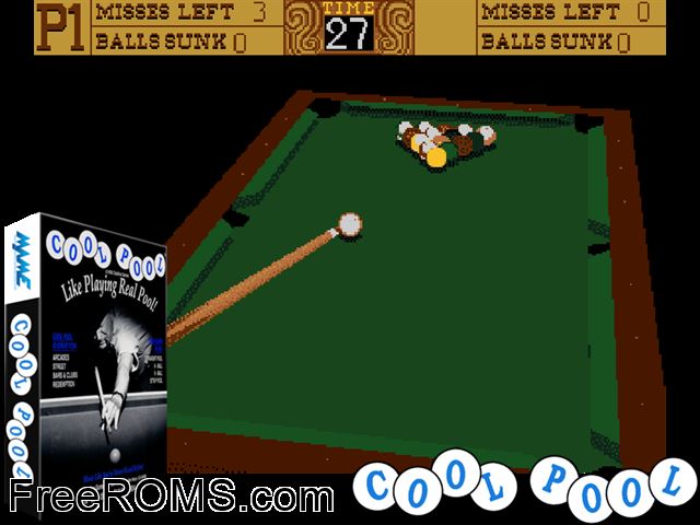 Cool Pool MAME game showing 3D box cover and gameplay screenshot