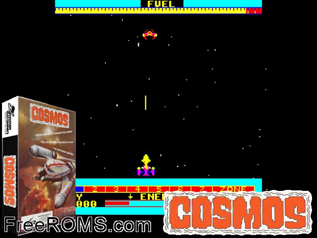 Cosmos MAME game showing 3D box cover and gameplay screenshot