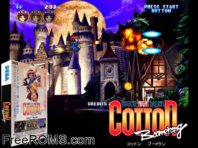 Cotton Boomerang (JUET 980709 V1.000) MAME game showing 3D box cover and gameplay screenshot