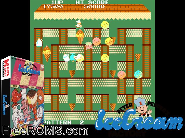 Peter Pepper's Ice Cream Factory (Cassette, set 1) MAME game showing 3D box cover and gameplay screenshot