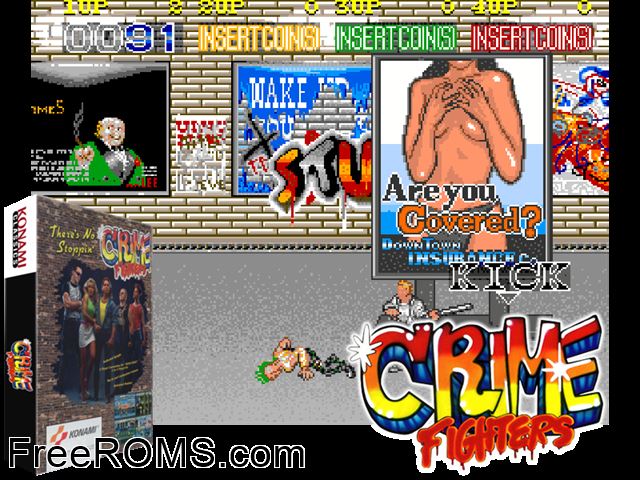 Crime Fighters (US 4 players) MAME game showing 3D box cover and gameplay screenshot