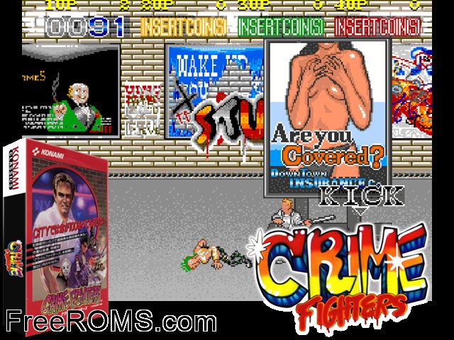 Crime Fighters (Japan 2 Players) MAME game showing 3D box cover and gameplay screenshot