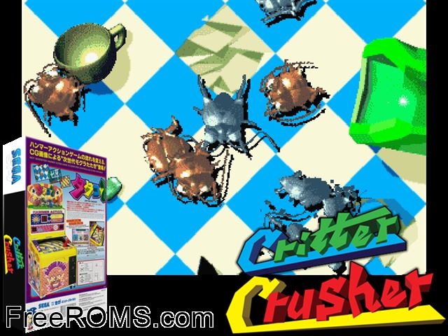 Critter Crusher (EA 951204 V1.000) MAME game showing 3D box cover and gameplay screenshot