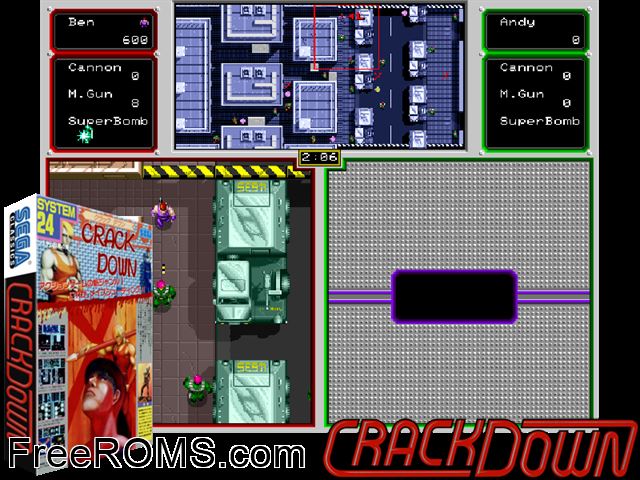 Crack Down (US, FD1094 317-0058-04d) MAME game showing 3D box cover and gameplay screenshot