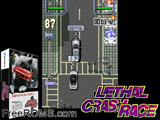 Lethal Crash Race (set 1) MAME game showing 3D box cover and gameplay screenshot