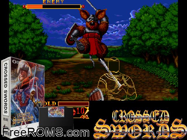 Crossed Swords MAME game showing 3D box cover and gameplay screenshot