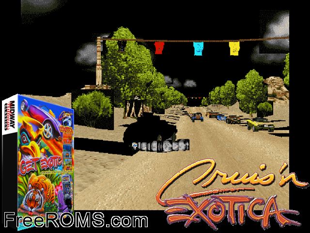 Cruis'n Exotica MAME game showing 3D box cover and gameplay screenshot