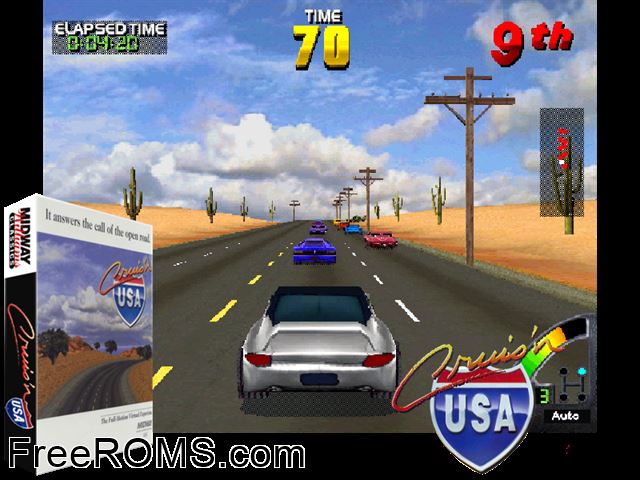 Cruis'n USA (rev L2.1) MAME game showing 3D box cover and gameplay screenshot