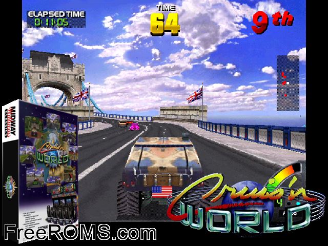 Cruis'n World (rev L1.3) MAME game showing 3D box cover and gameplay screenshot