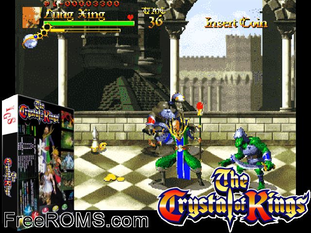 The Crystal of Kings MAME game showing 3D box cover and gameplay screenshot