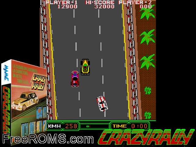 Crazy Rally (set 1) MAME game showing 3D box cover and gameplay screenshot