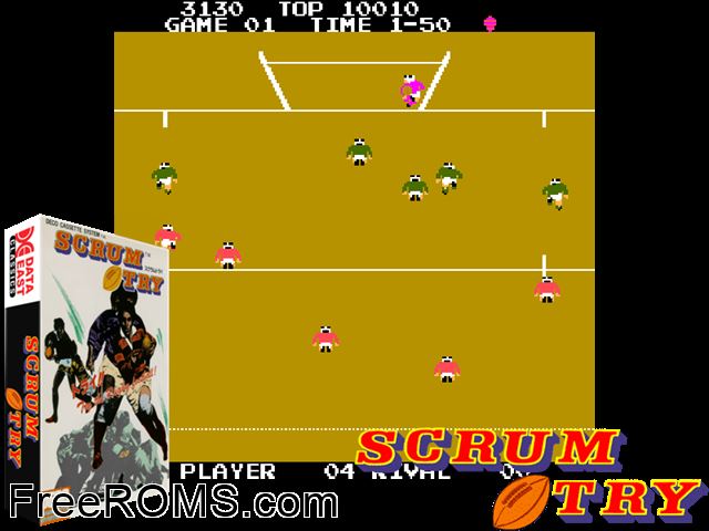Scrum Try (Cassette, set 2) MAME game showing 3D box cover and gameplay screenshot