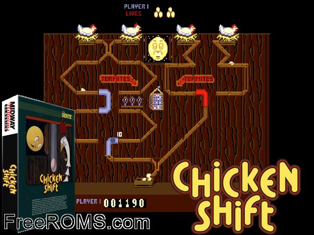 Chicken Shift MAME game showing 3D box cover and gameplay screenshot