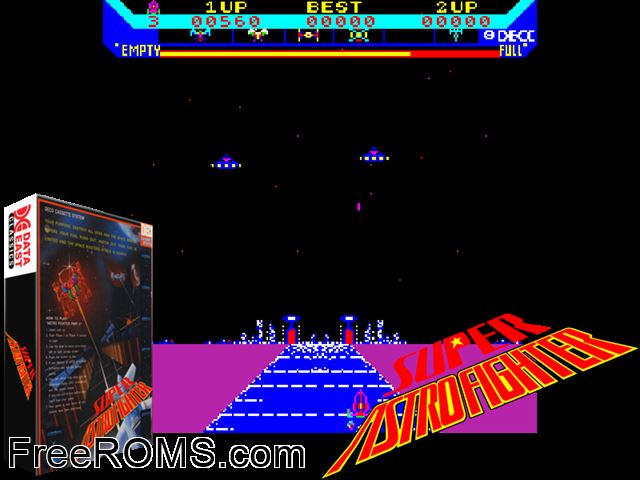 Super Astro Fighter (Cassette) MAME game showing 3D box cover and gameplay screenshot